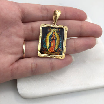 18K Gold Layered Oro Laminado Enamel Our Lady of Guadalupe Square Medal Pendant 31.0089/17